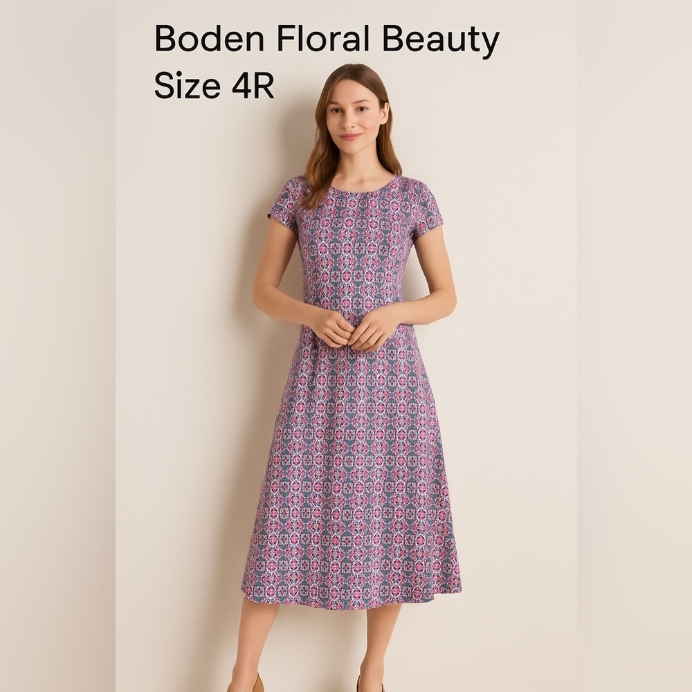 Boden Pink Teal Floral Fit‎ and Flare Midi Dress Size 4R Vintage Style